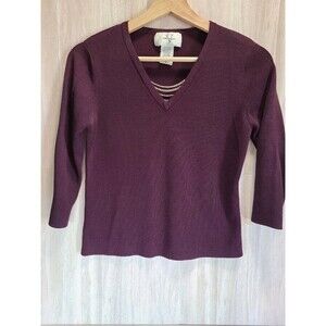 Versailles Purple V-Neck Top Medium 3/4 Sleeve Knit Blouse Chain Detail Stylish